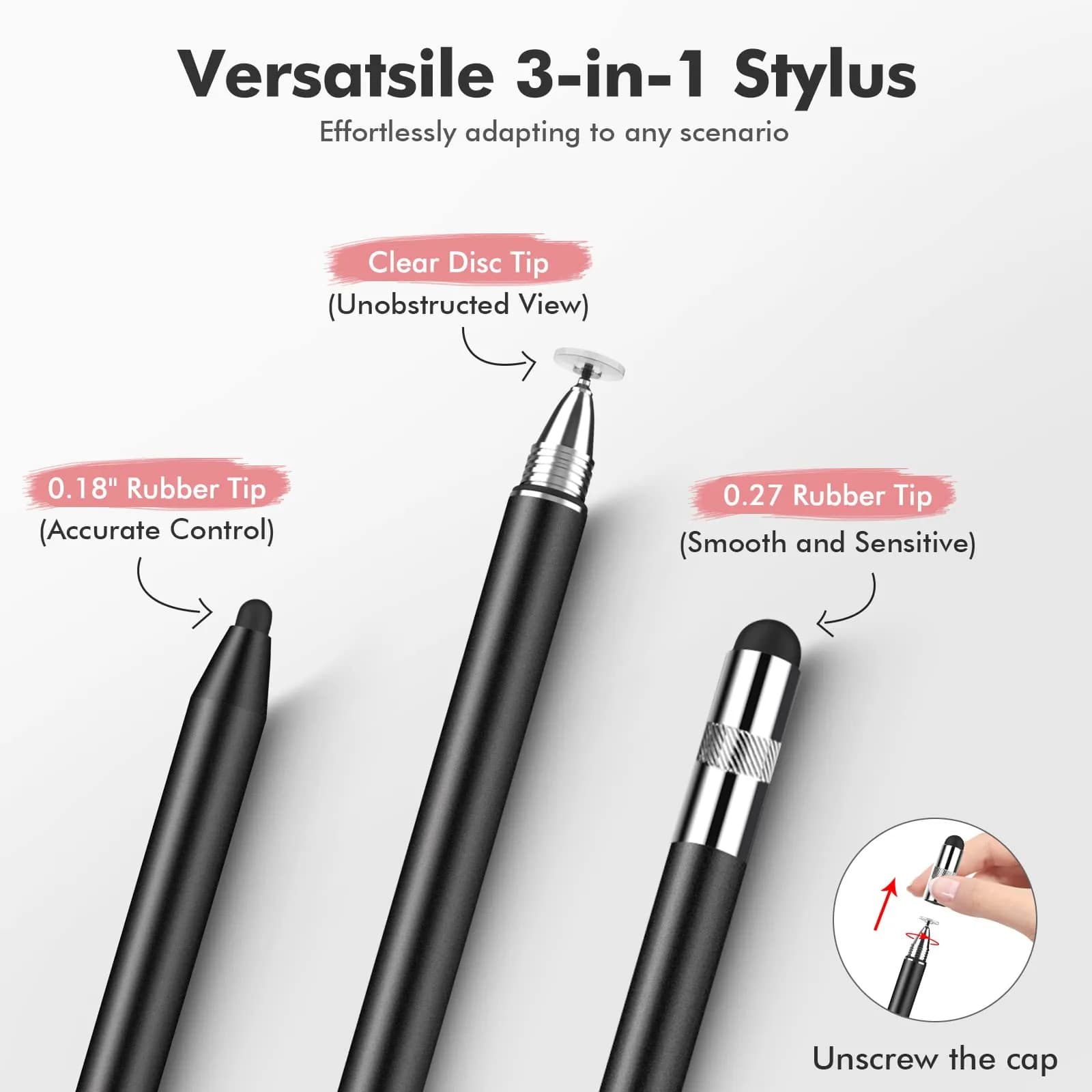 MEKO 3-in-1 Universal Stylus Pen for Touchscreens, 2-Pack Black/Rose Gold | Highly Sensitive Disc & Rubber Tips thumbnail 2