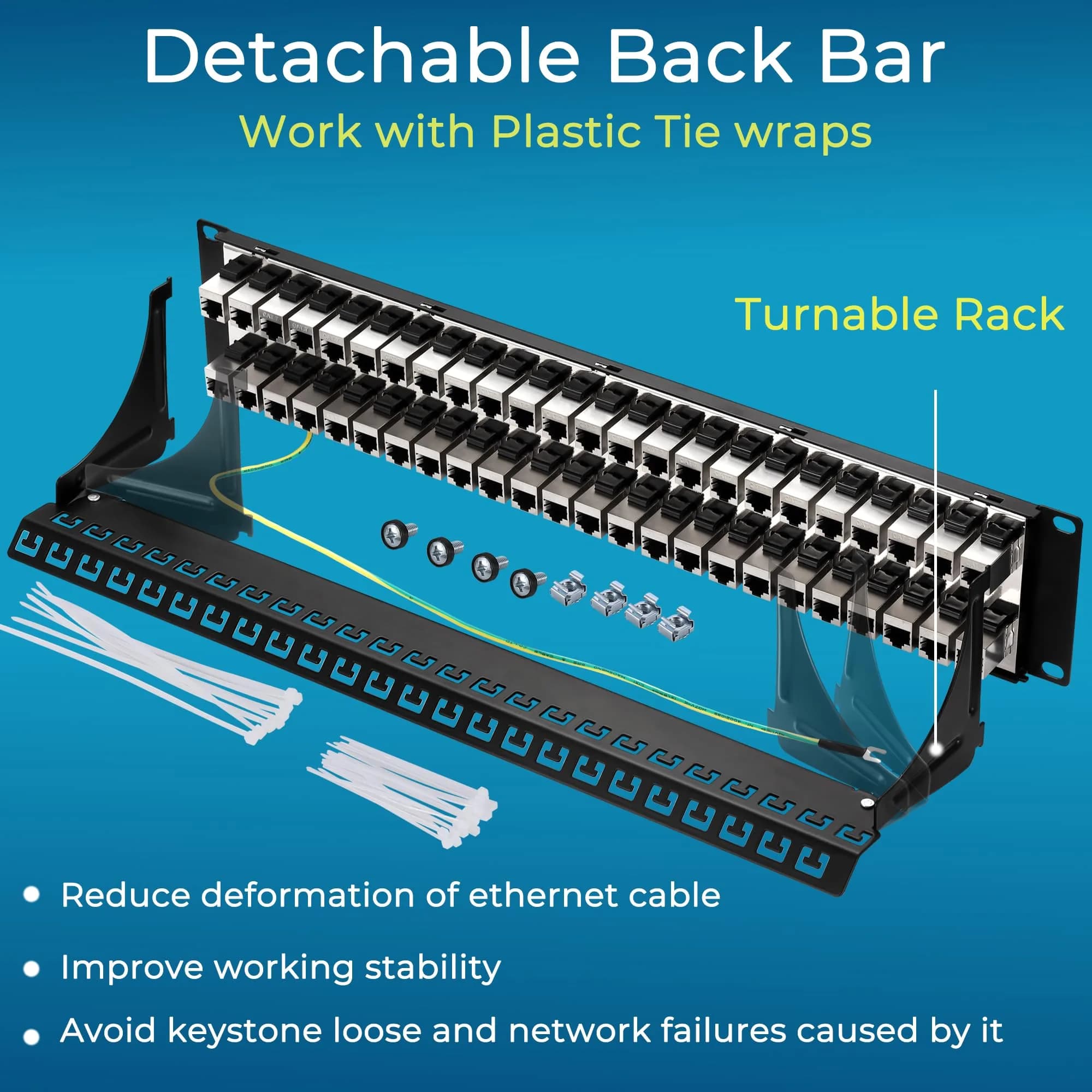 Rapink 48 Port Cat7 STP Shielded Patch Panel 19-Inch | Toolless Termination for 10Gbps Speeds - view 6
