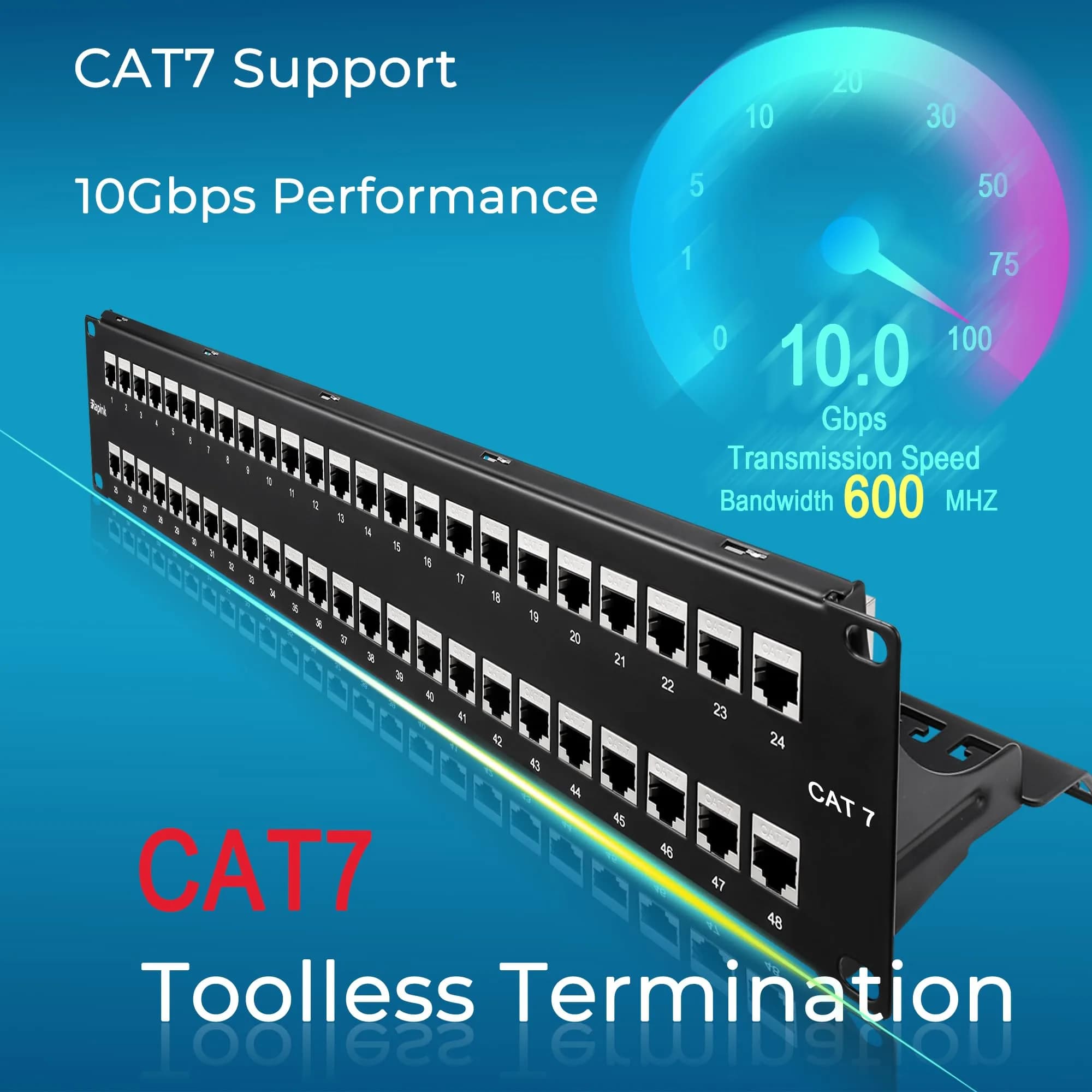 Rapink 48 Port Cat7 STP Shielded Patch Panel 19-Inch | Toolless Termination for 10Gbps Speeds - view 2