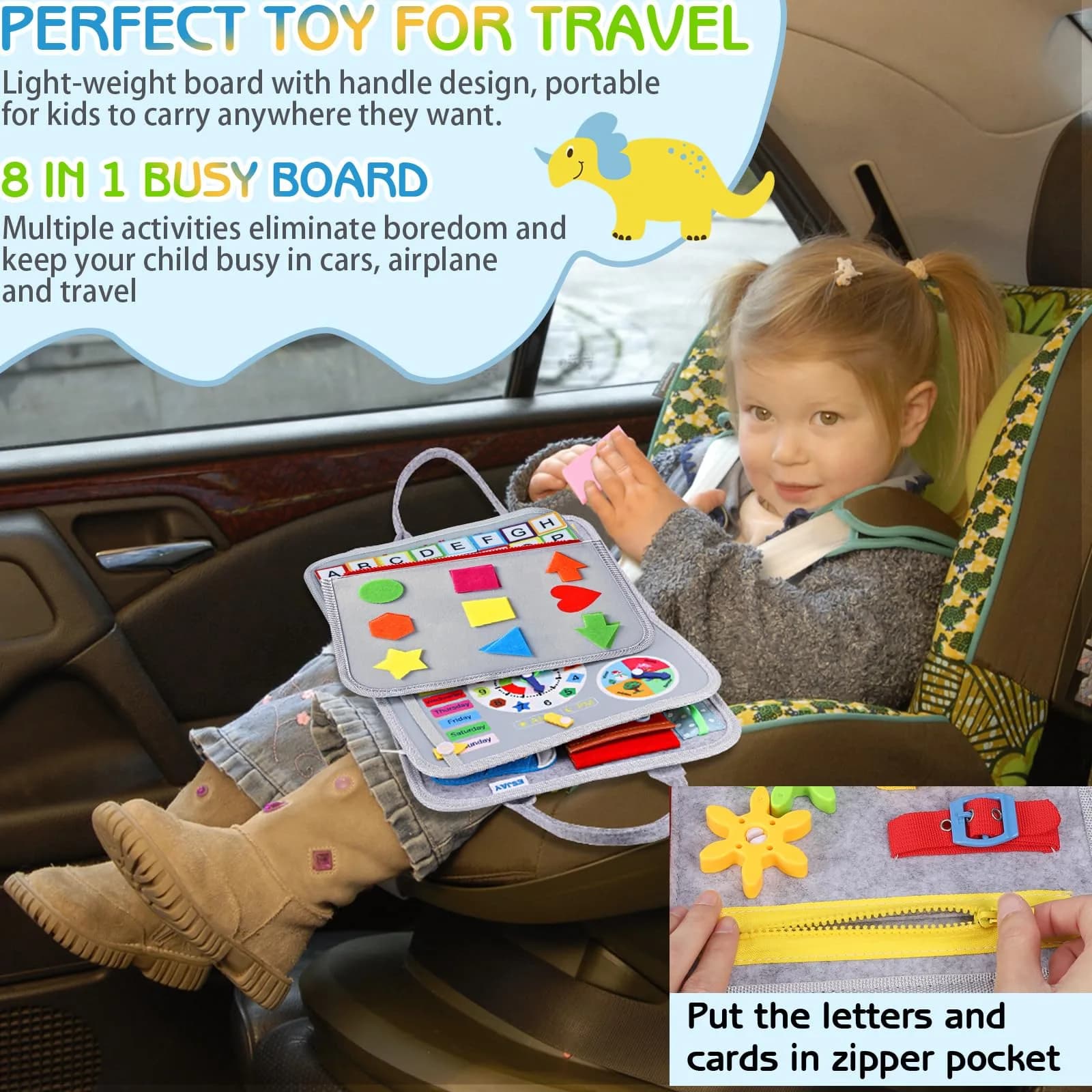 Esjay Grey Dinosaur Toddler Busy Board Montessori Toy - 8-Page Sensory Book for Fine Motor Skill Development - view 4