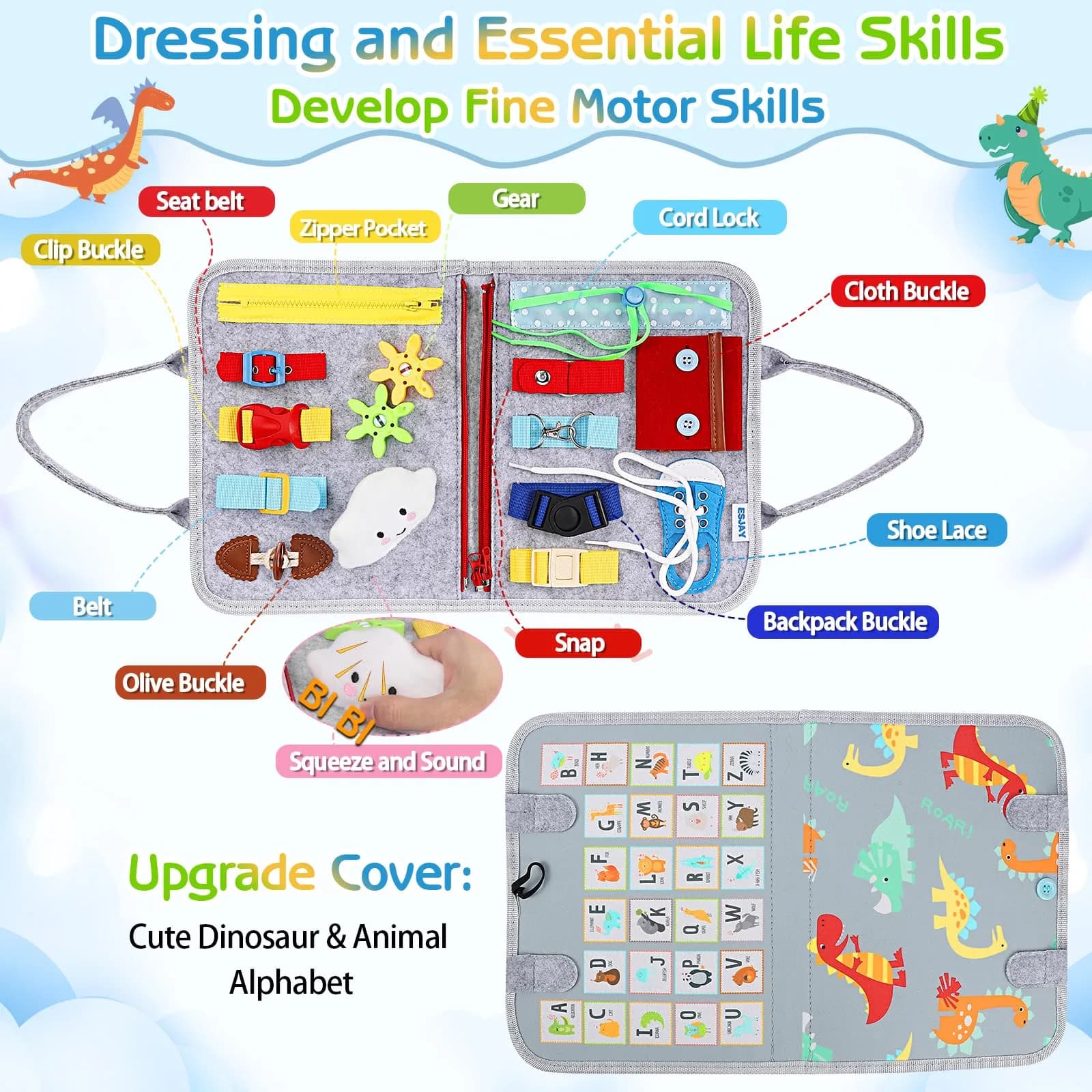 Esjay Grey Dinosaur Toddler Busy Board Montessori Toy - 8-Page Sensory Book for Fine Motor Skill Development - view 2