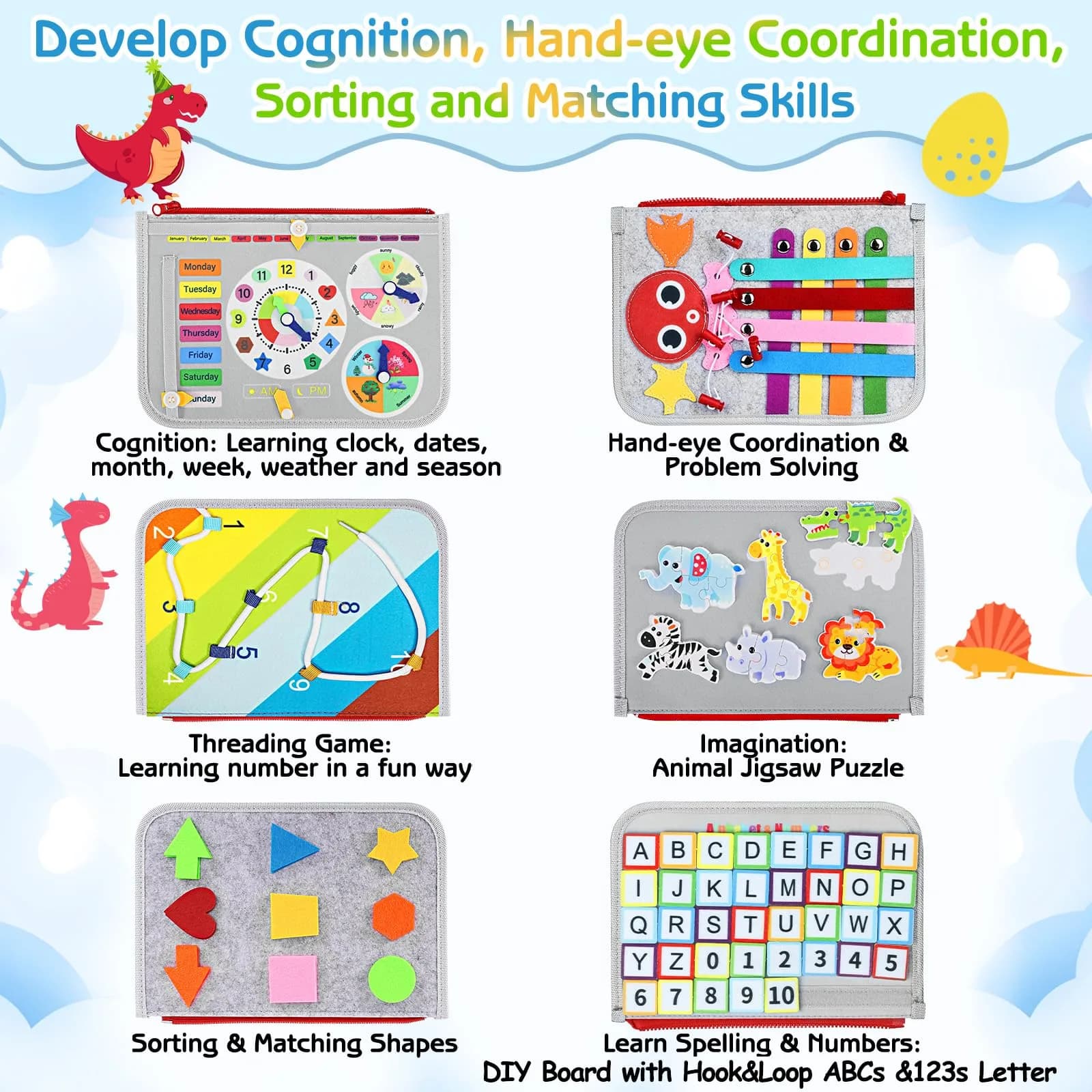 Esjay Grey Dinosaur Toddler Busy Board Montessori Toy - 8-Page Sensory Book for Fine Motor Skill Development - view 3
