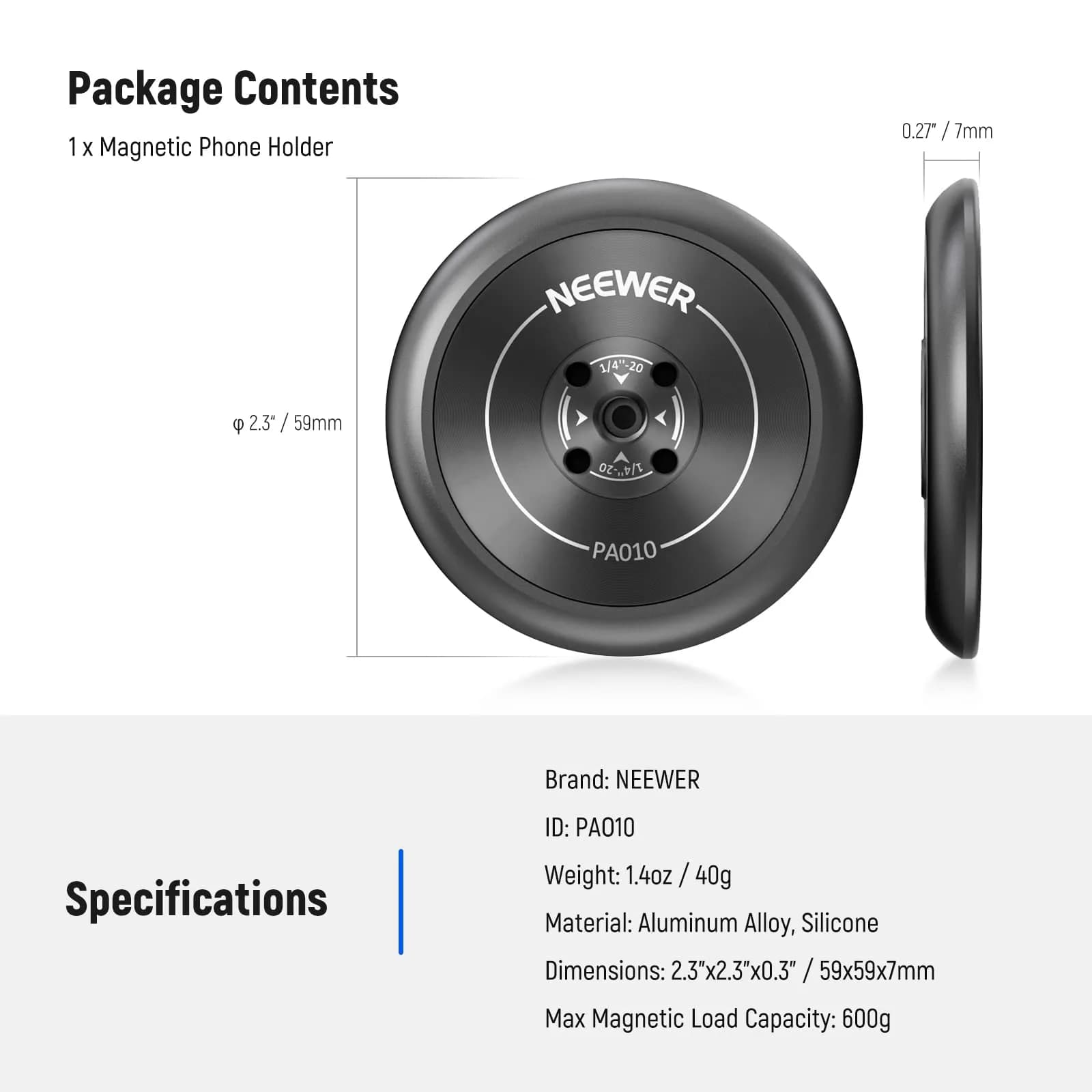 NEEWER Magnetic Phone Tripod Mount Adapter with 1/4" Holes & 600g Load Capacity | Black Aluminum Alloy - view 8