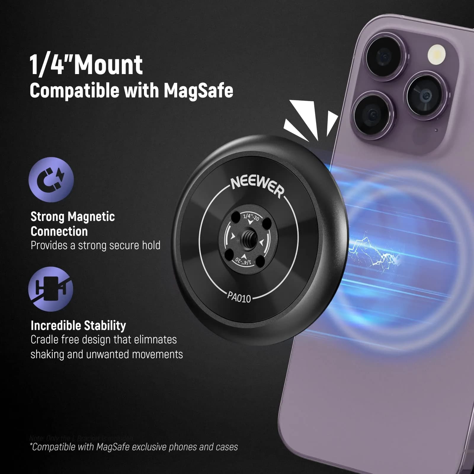 NEEWER Magnetic Phone Tripod Mount Adapter with 1/4" Holes & 600g Load Capacity | Black Aluminum Alloy - view 2