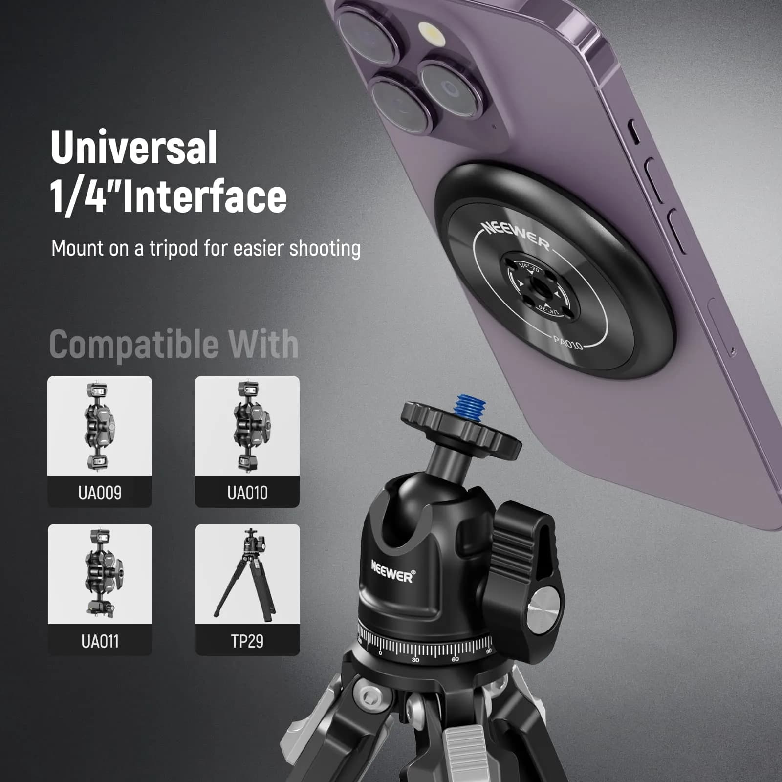 NEEWER Magnetic Phone Tripod Mount Adapter with 1/4" Holes & 600g Load Capacity | Black Aluminum Alloy - view 3
