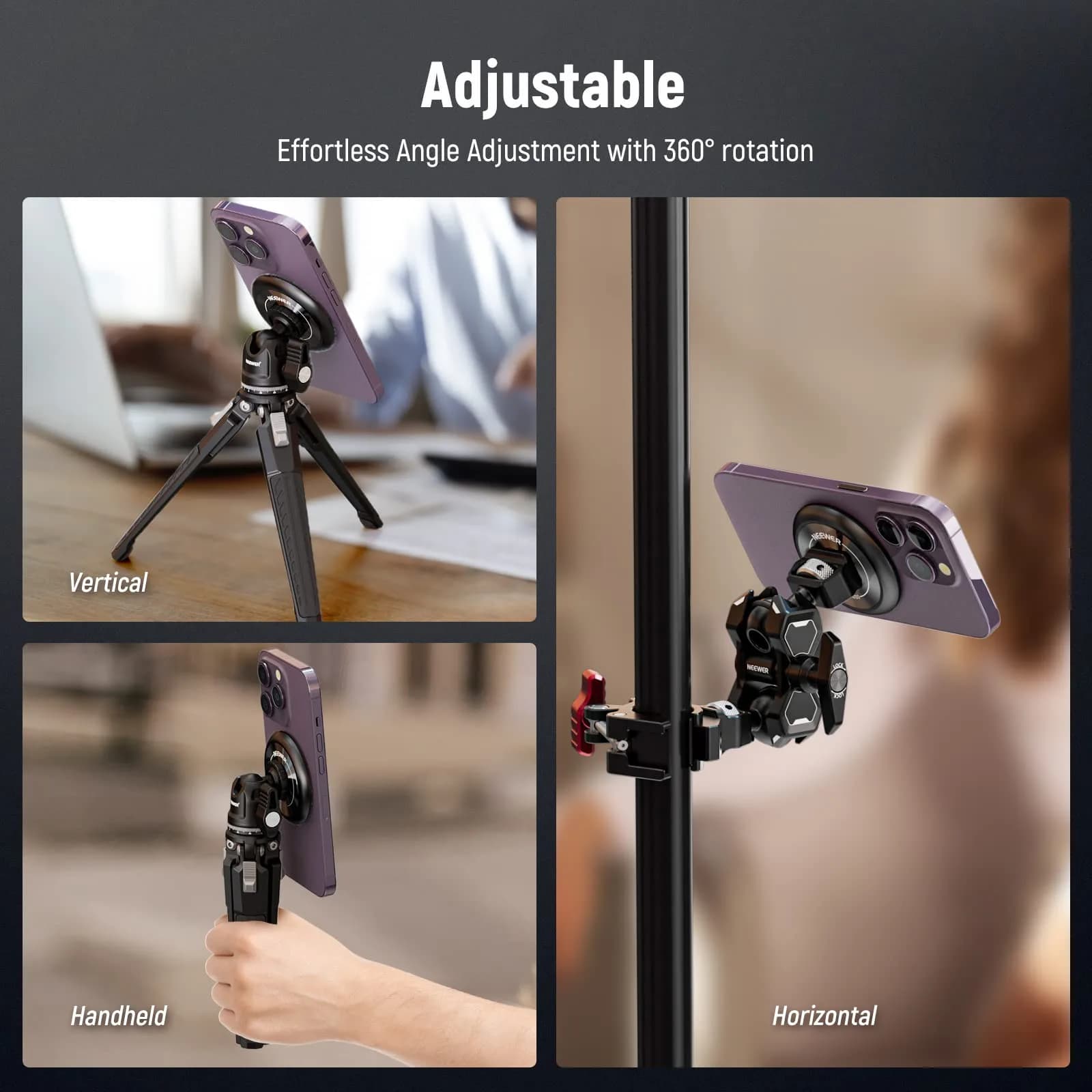 NEEWER Magnetic Phone Tripod Mount Adapter with 1/4" Holes & 600g Load Capacity | Black Aluminum Alloy - view 4