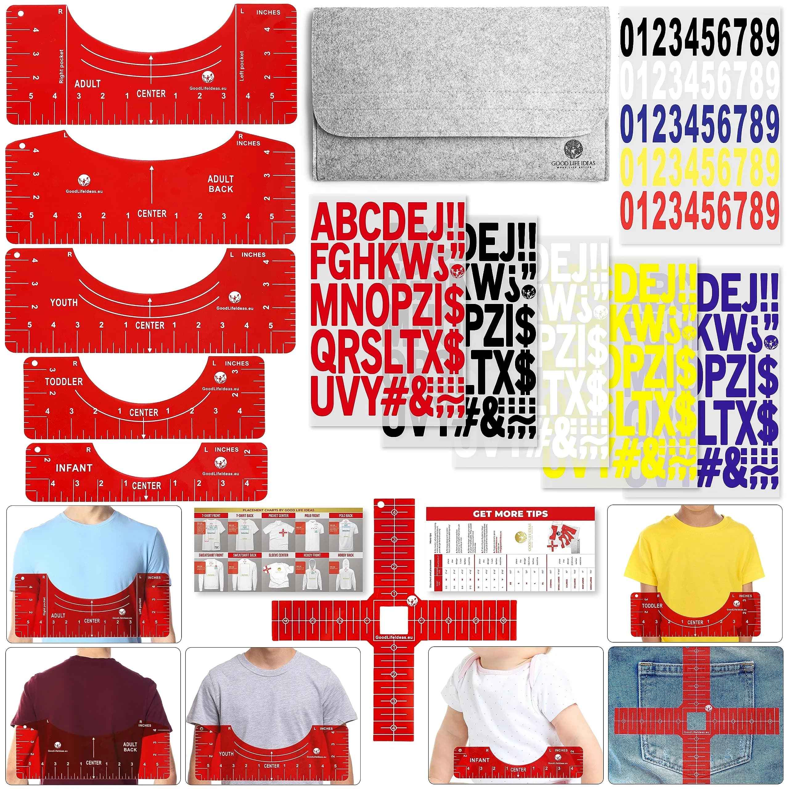 Good Life Ideas T-Shirt Ruler Guide Kit 5 Sizes | Clear PVC Alignment Tool for Heat Press & Vinyl Projects — Red