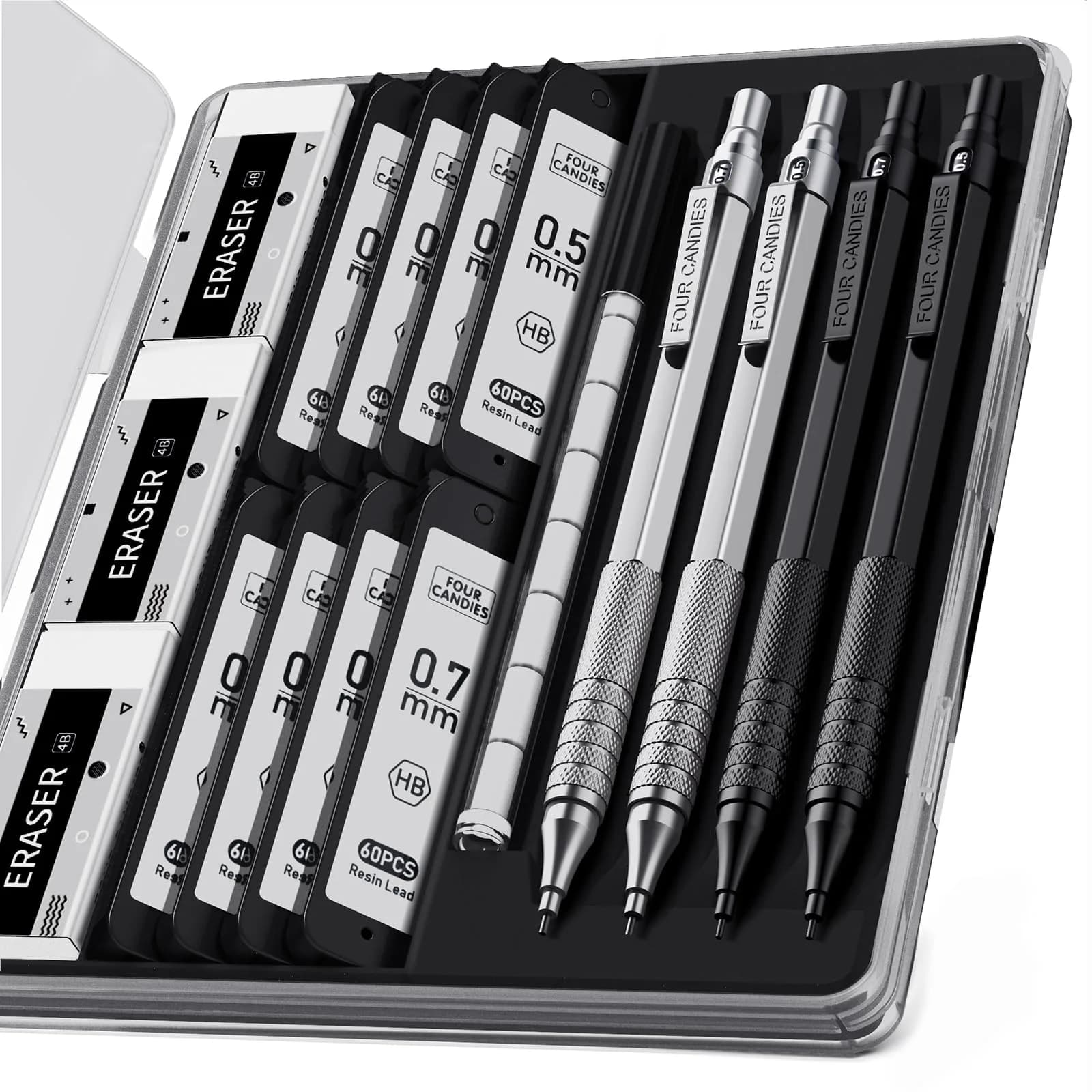 Four Candies Metal Mechanical Pencil Set 0.5mm & 0.7mm (4-Pack) | Smooth Writing, Anti-Skid Grip, Bulk Lead Refills - main product image