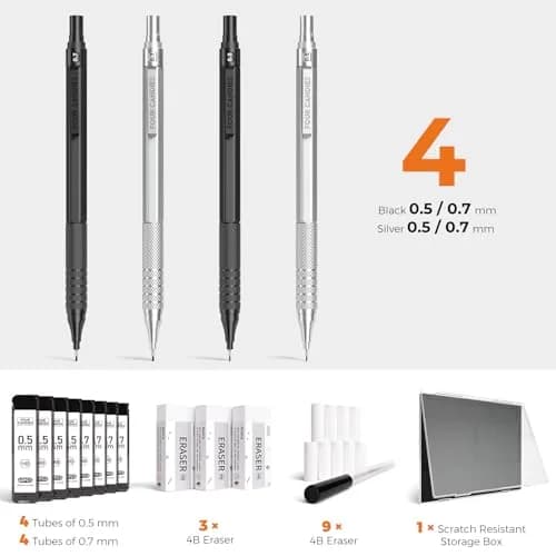 Four Candies Metal Mechanical Pencil Set 0.5mm & 0.7mm (4-Pack) | Smooth Writing, Anti-Skid Grip, Bulk Lead Refills thumbnail 6