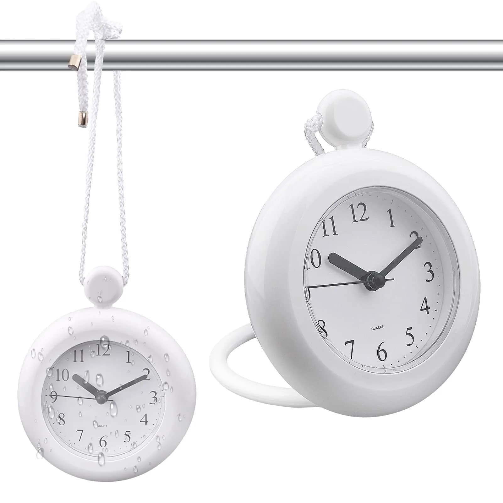 LVOERTUIG Waterproof Shower Clock, Silent Analog Bathroom Clock with Rope & Stand | IP3 Waterproof — White