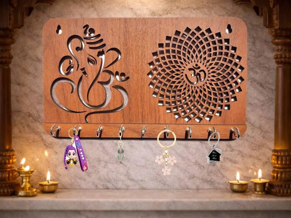 My Dream Carts Ganesha Chakra Key Holder 24cm x 14cm x 2.5cm | 9 Stainless Steel Hooks thumbnail 2
