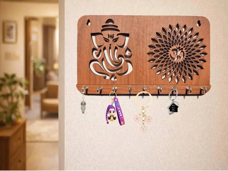 My Dream Carts Ganesha Om Chakra Key Holder 24cm x 14cm x 2.5cm | 9 Stainless Steel Hooks for Home & Office thumbnail 1