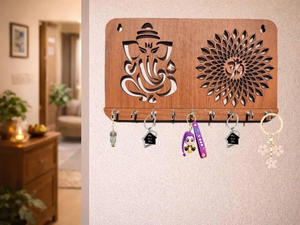My Dream Carts Ganesha Om Chakra Key Holder 24cm x 14cm x 2.5cm | 9 Stainless Steel Hooks for Home & Office - view 6