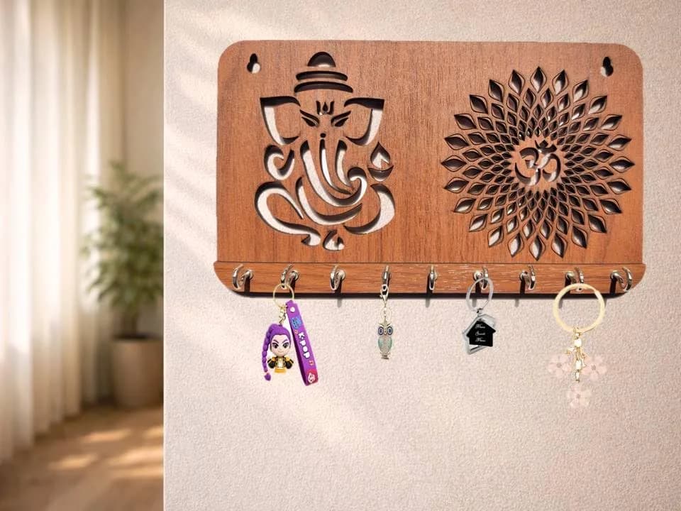 My Dream Carts Ganesha Om Chakra Key Holder 24cm x 14cm x 2.5cm | 9 Stainless Steel Hooks for Home & Office thumbnail 7