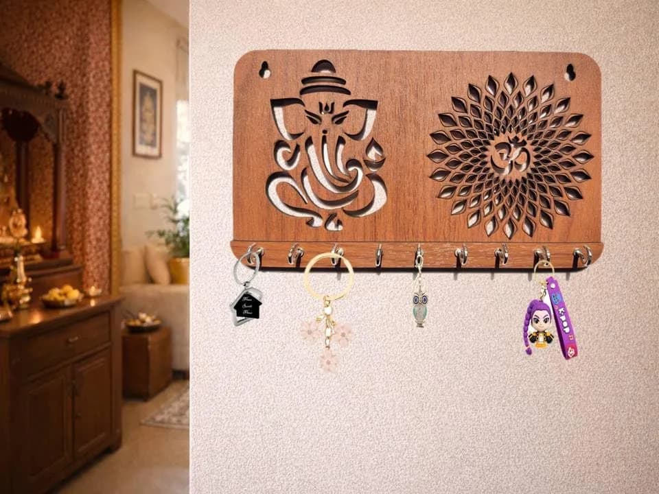 My Dream Carts Ganesha Om Chakra Key Holder 24cm x 14cm x 2.5cm | 9 Stainless Steel Hooks for Home & Office - view 8