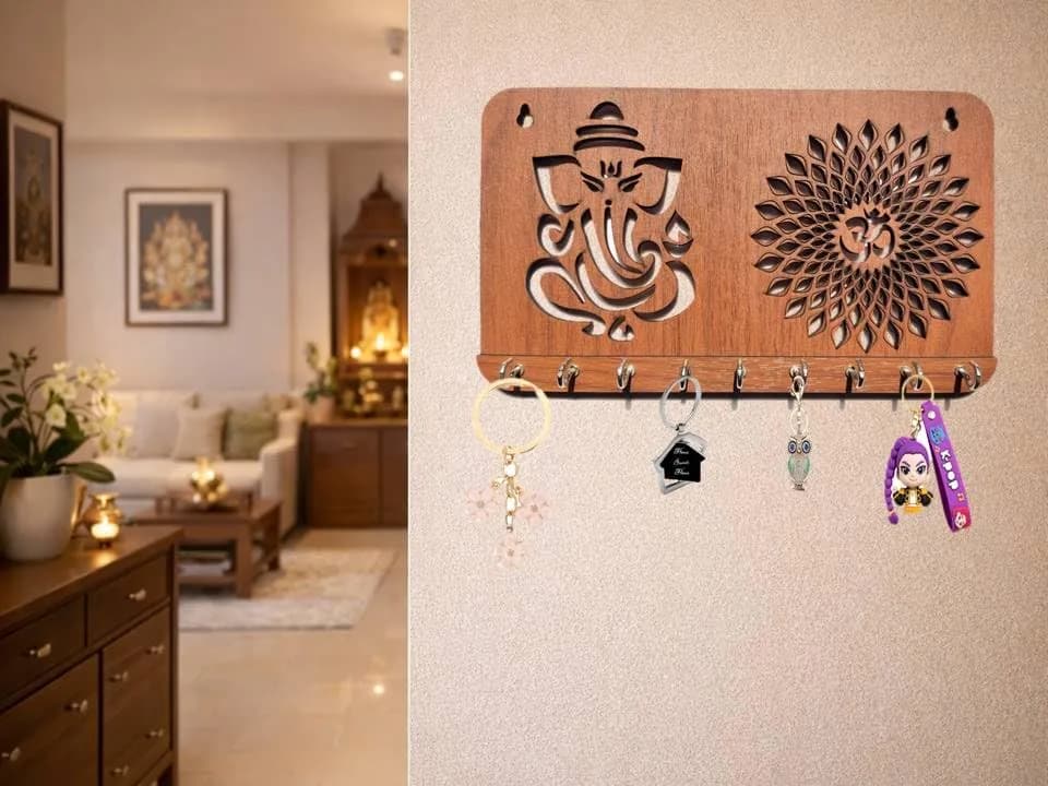 My Dream Carts Ganesha Om Chakra Key Holder 24cm x 14cm x 2.5cm | 9 Stainless Steel Hooks for Home & Office - view 9