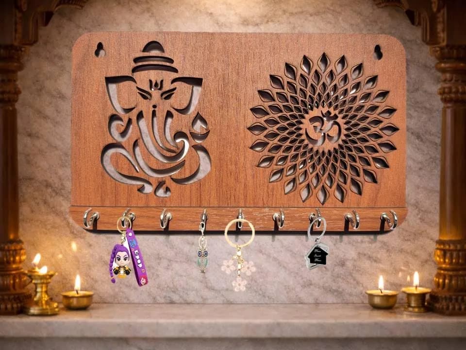 My Dream Carts Ganesha Om Chakra Key Holder 24cm x 14cm x 2.5cm | 9 Stainless Steel Hooks for Home & Office thumbnail 2