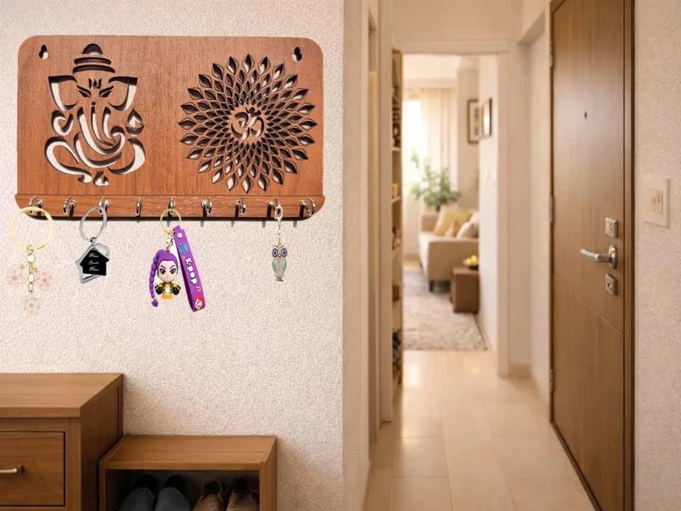 My Dream Carts Ganesha Om Chakra Key Holder 24cm x 14cm x 2.5cm | 9 Stainless Steel Hooks for Home & Office thumbnail 4