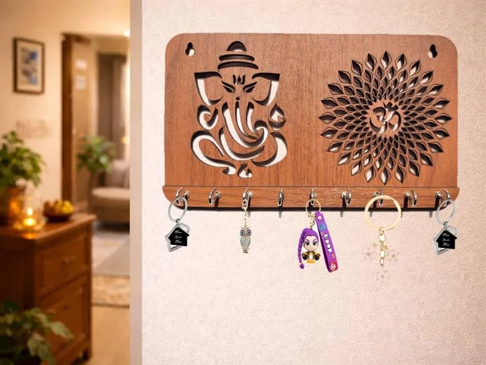 My Dream Carts Ganesha Om Chakra Key Holder 24cm x 14cm x 2.5cm | 9 Stainless Steel Hooks for Home & Office thumbnail 5