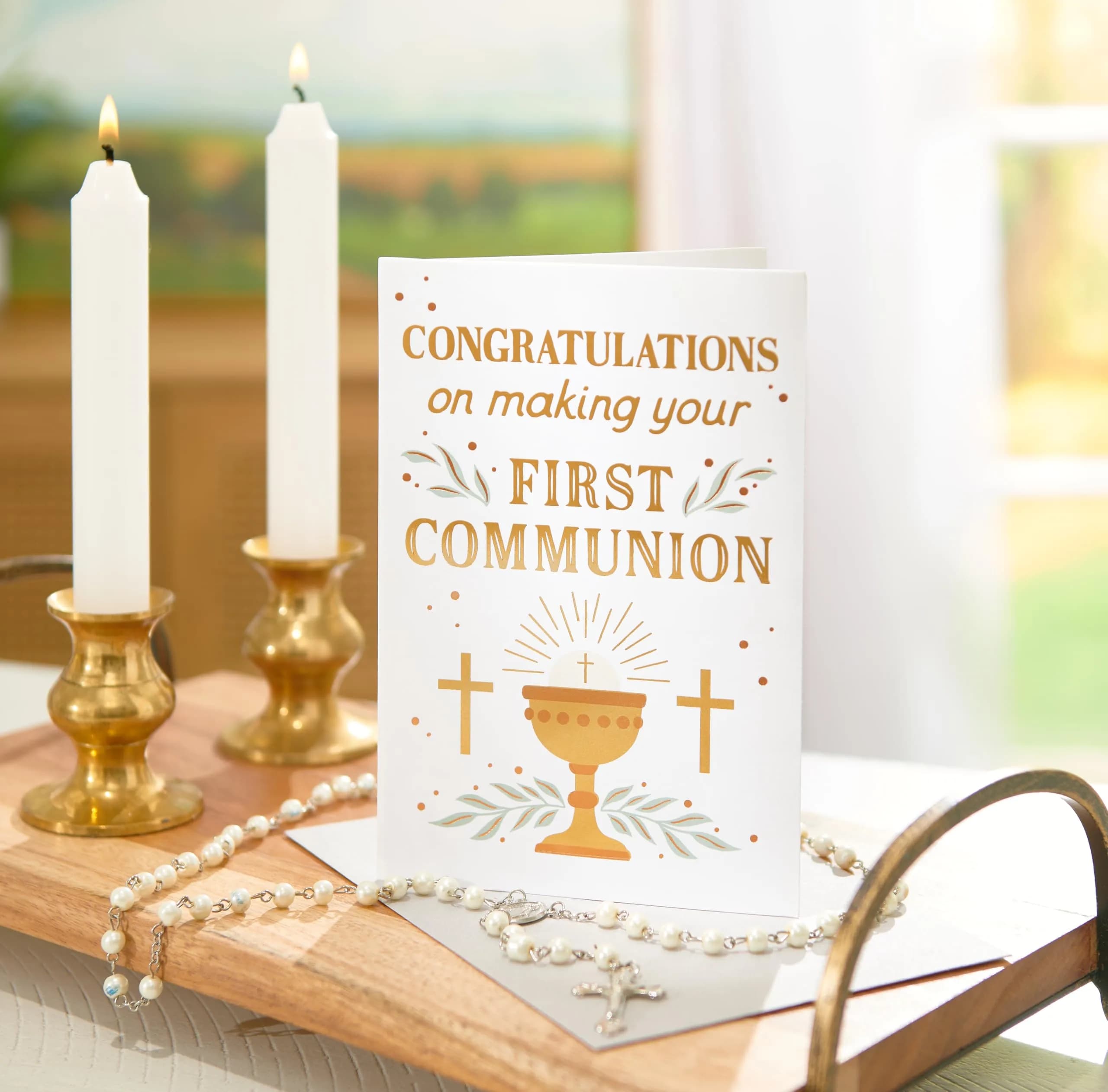 American Greetings First Communion Congratulations Card | Religious Chalice Design, Gold Foil Lettering, 4.625 x 6.75 in. - view 6