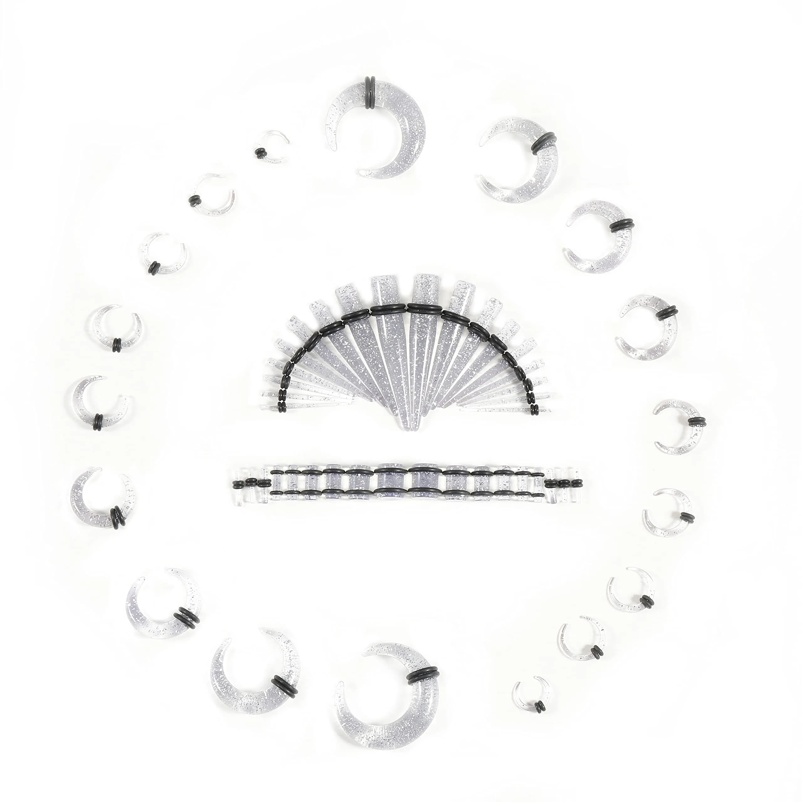 Memsion Ear Stretching Kit 54 Pieces 14G-00G | Acrylic Gauges & Tapers for Healthy Ear Expansion — transparent+glitter