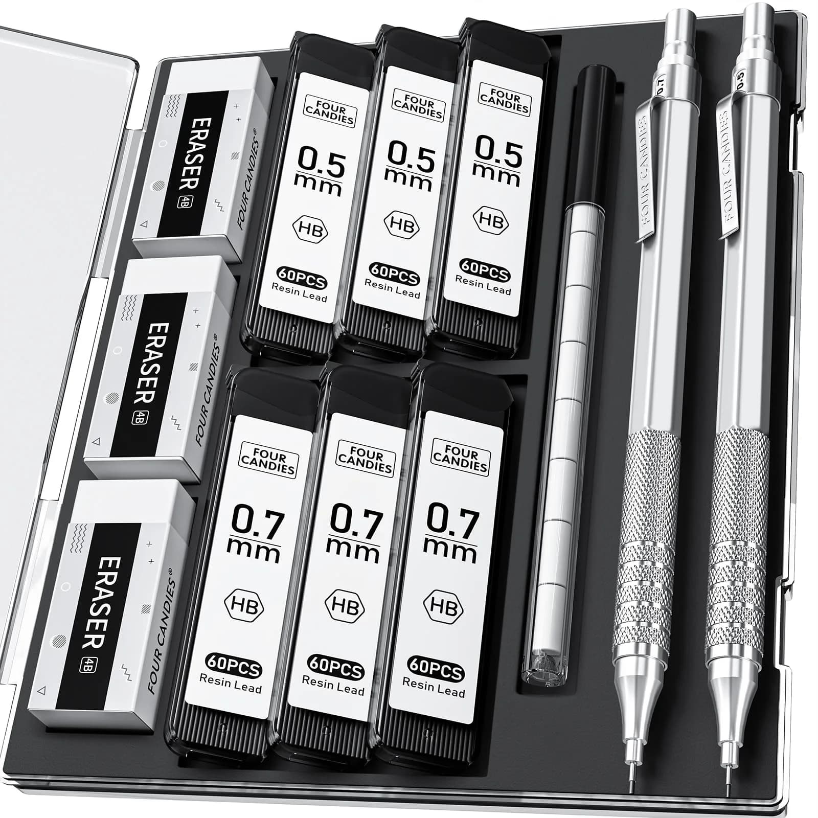 Four Candies Metal Mechanical Pencil Set 0.5mm & 0.7mm (2-Pack) | Smooth Writing Instrument for Students & Professionals — Silver (2PCS)