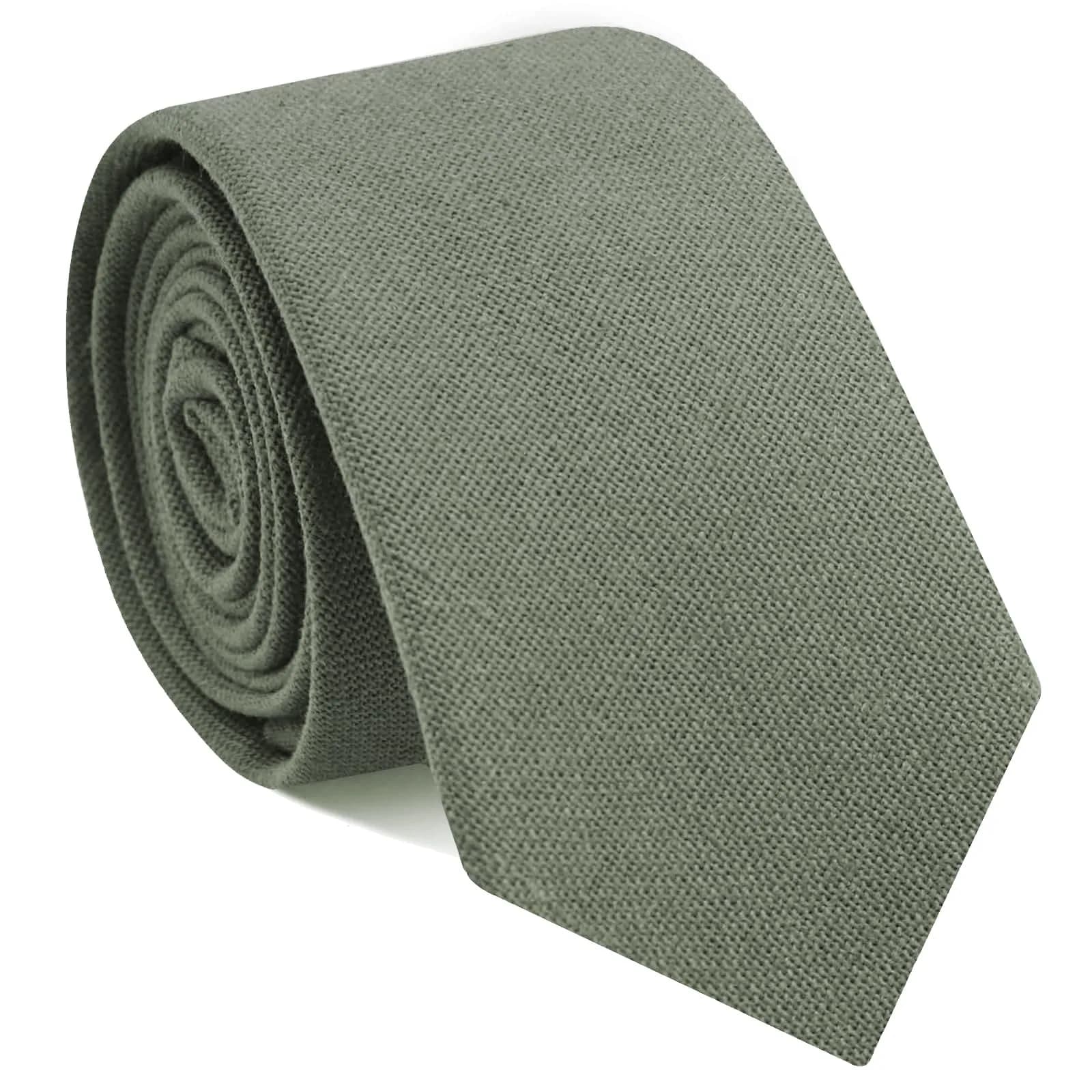 Mantieqingway Skinny Tie for Men, Cotton Linen, Sage Green | 2.95 inch Wide, Formal & Casual