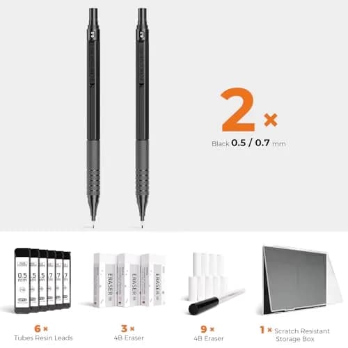 Four Candies Metal Mechanical Pencils Set 0.5mm & 0.7mm (2-Pack, Black) | Smooth Writing & Durable Leads thumbnail 6