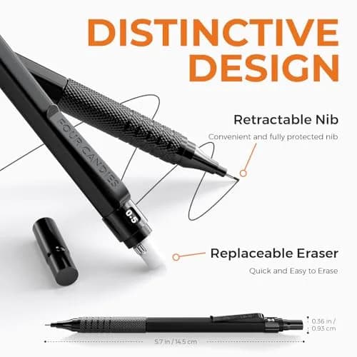 Four Candies Metal Mechanical Pencils Set 0.5mm & 0.7mm (2-Pack, Black) | Smooth Writing & Durable Leads thumbnail 2