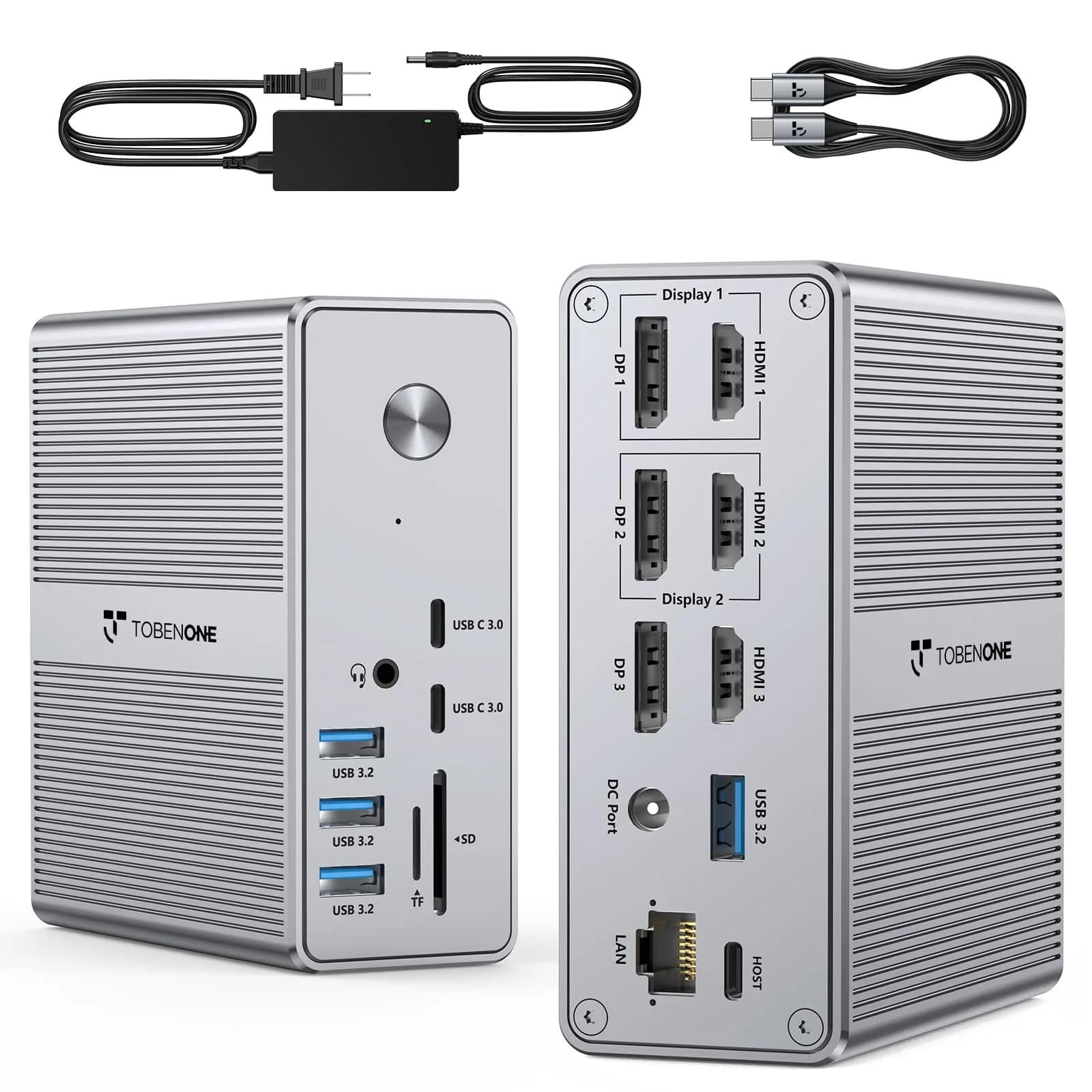 Tobenone DisplayLink Docking Station 3 Monitors 18 Ports | Triple 4K@60Hz, 120W Power Adapter — Grey