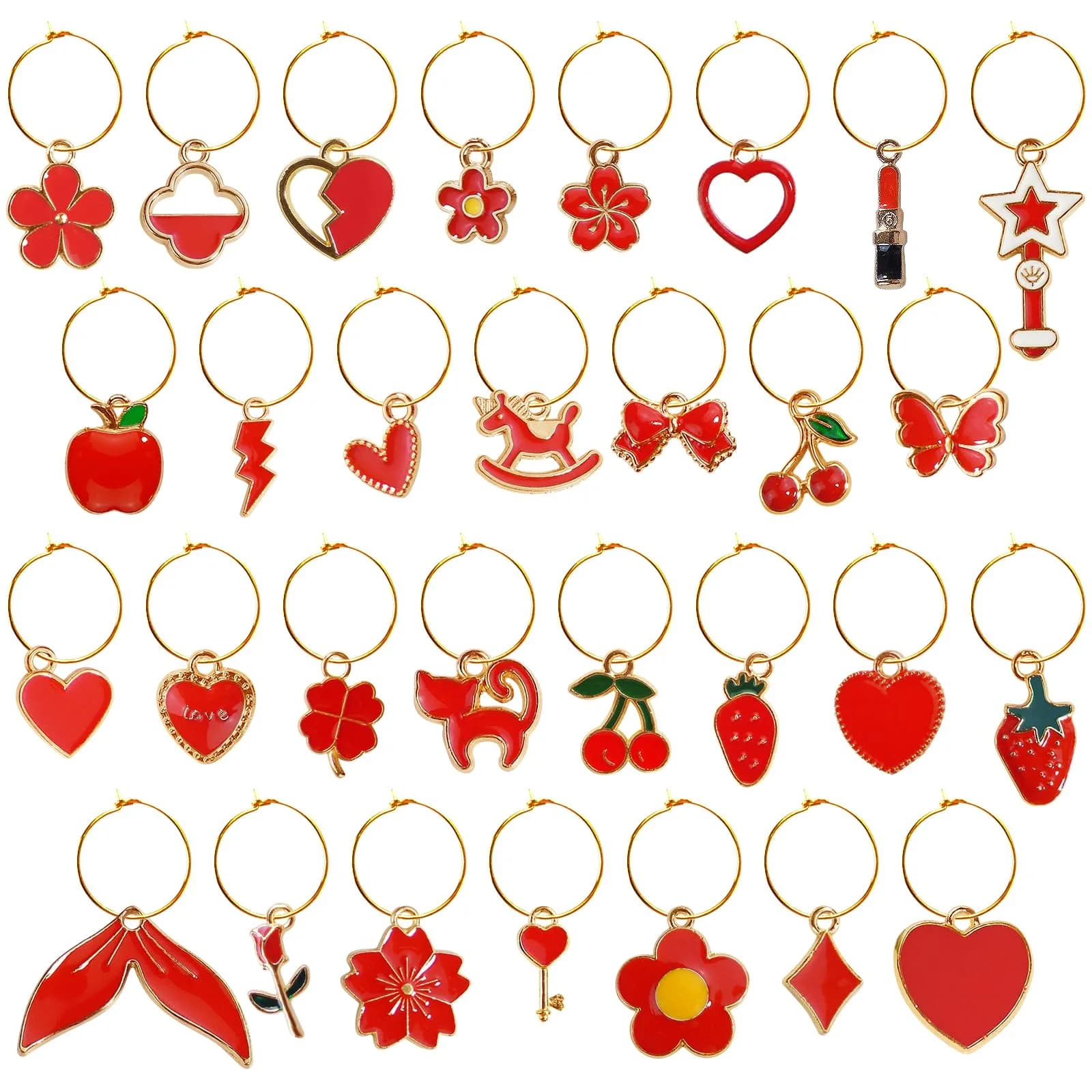 Macepason 30 Pieces Glass Charms & Markers | Red Festive & Versatile Wine Glass Identifier Drink Tags — Red