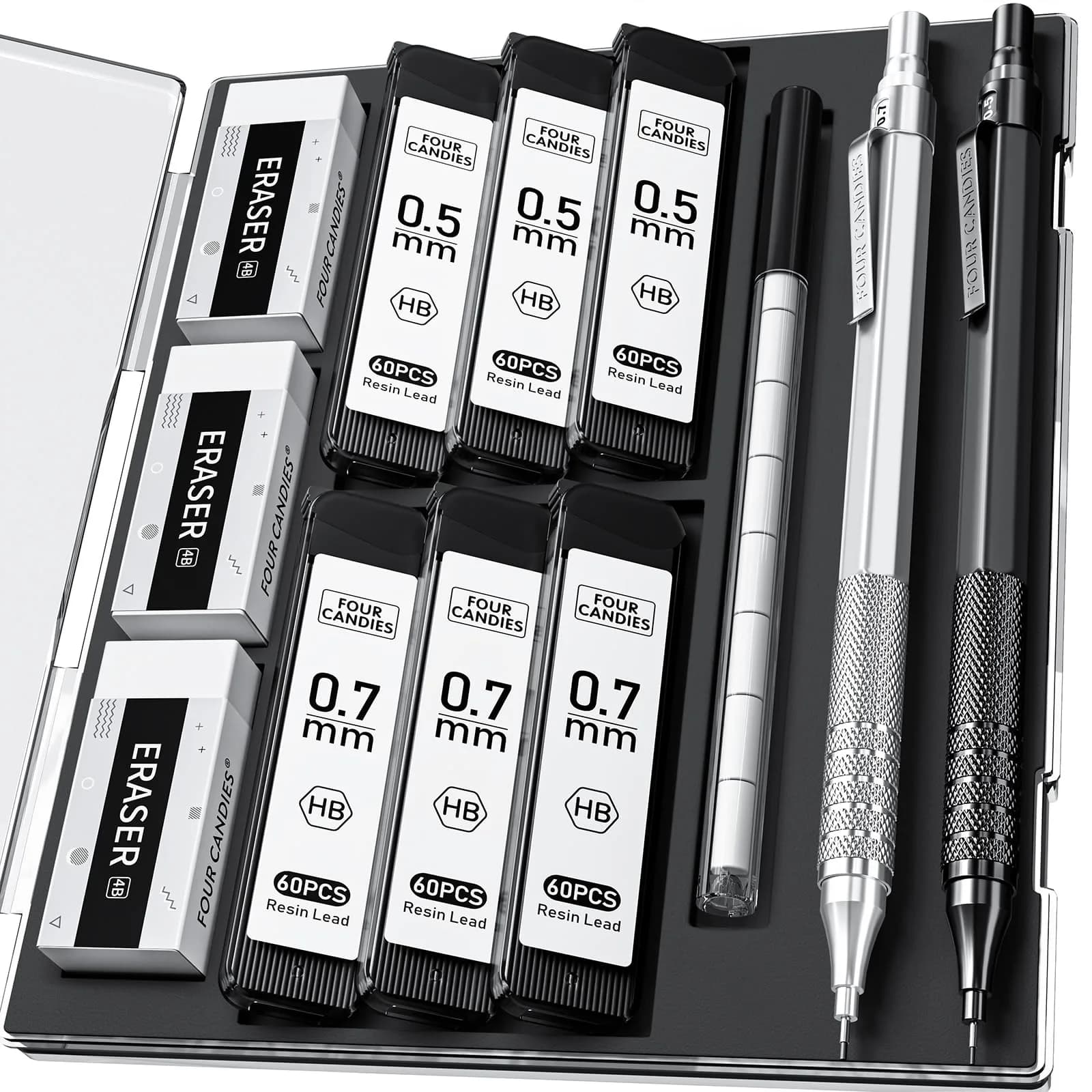 Four Candies Metal Mechanical Pencil Set 0.5mm & 0.7mm | Smooth Writing, Anti-Skid Grip, 360 Lead Refills — Silver+Black (2PCS)
