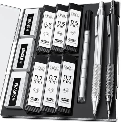 Four Candies Metal Mechanical Pencil Set 0.5mm & 0.7mm | Smooth Writing, Anti-Skid Grip, 360 Lead Refills thumbnail 1
