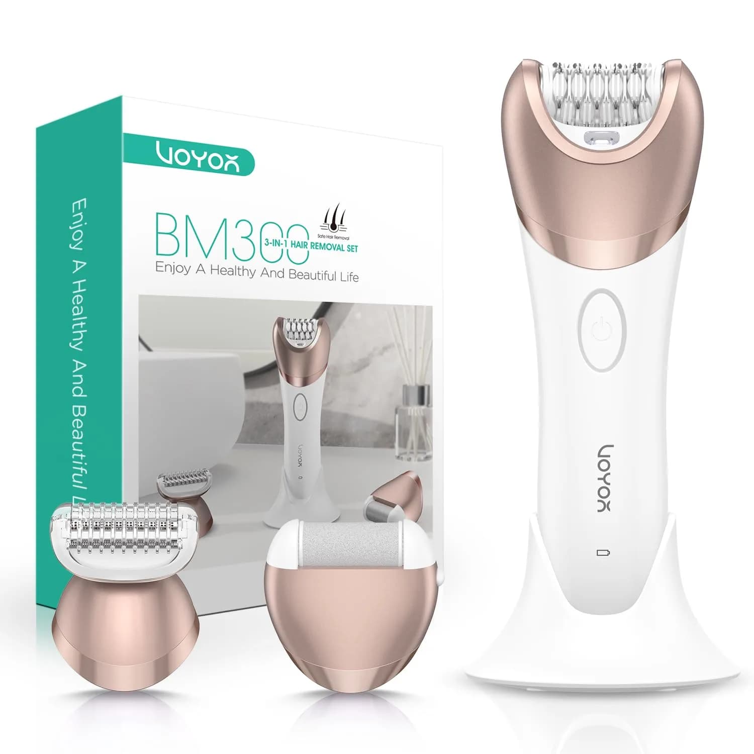 VOYOR BM300 Epilator for Women, 3-in-1 Hair Removal Kit with 30 Tweezers, Rechargeable & Cordless Epilator, Shaver & Callus Remover (Champagne Gold) - main product image