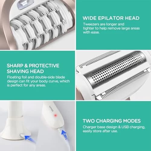 VOYOR BM300 Epilator for Women, 3-in-1 Hair Removal Kit with 30 Tweezers, Rechargeable & Cordless Epilator, Shaver & Callus Remover (Champagne Gold) thumbnail 5