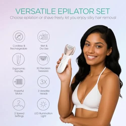 VOYOR BM300 Epilator for Women, 3-in-1 Hair Removal Kit with 30 Tweezers, Rechargeable & Cordless Epilator, Shaver & Callus Remover (Champagne Gold) thumbnail 2