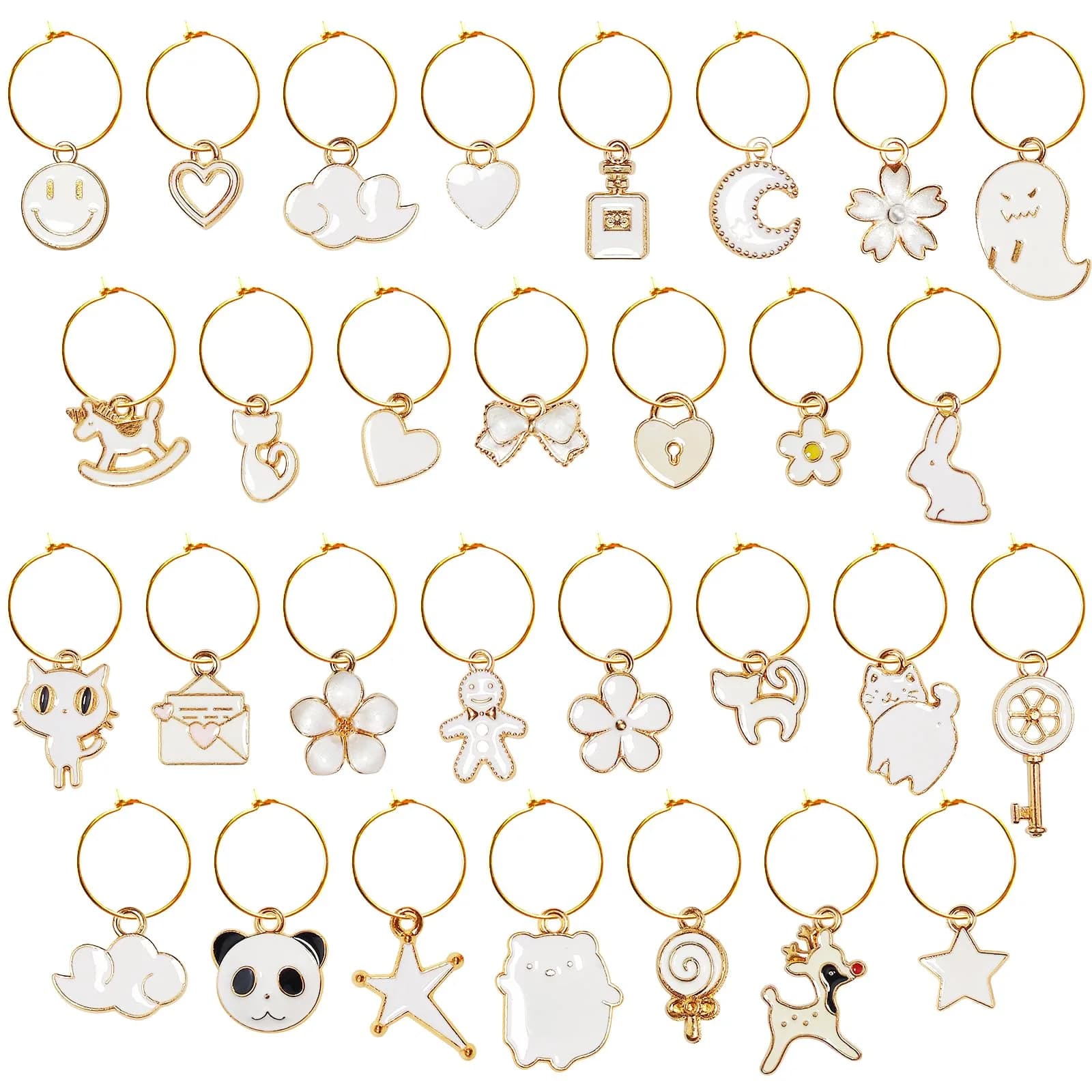Macepason White Charm Glass Charms & Markers | 30-Piece Set for Wine Glasses — White