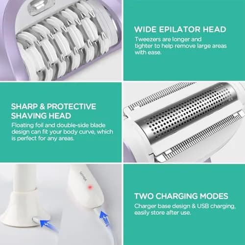 VOYOR BM300 Epilator for Women, Cordless Rechargeable Wet & Dry Hair Removal Device with 30 Tweezers & 3 Heads (Purple) thumbnail 5