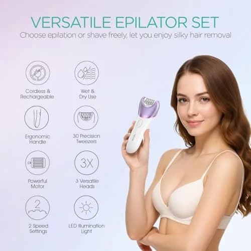 VOYOR BM300 Epilator for Women, Cordless Rechargeable Wet & Dry Hair Removal Device with 30 Tweezers & 3 Heads (Purple) thumbnail 2