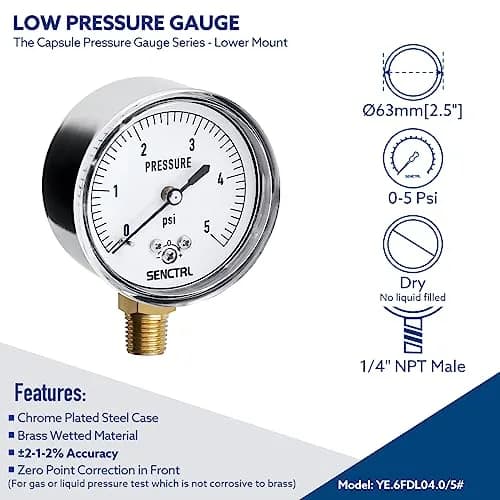 senctrl Pressure Gauge 0-5 psi | Capsule System, Chrome Steel Durability (70-120 chars) thumbnail 2