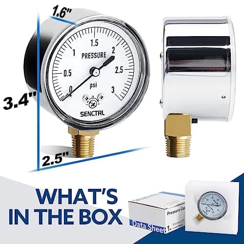 senctrl Pressure Gauge, 0-3 psi, Chrome Steel, 1/4" NPT Lower Mount | Low Pressure Test Tool thumbnail 5