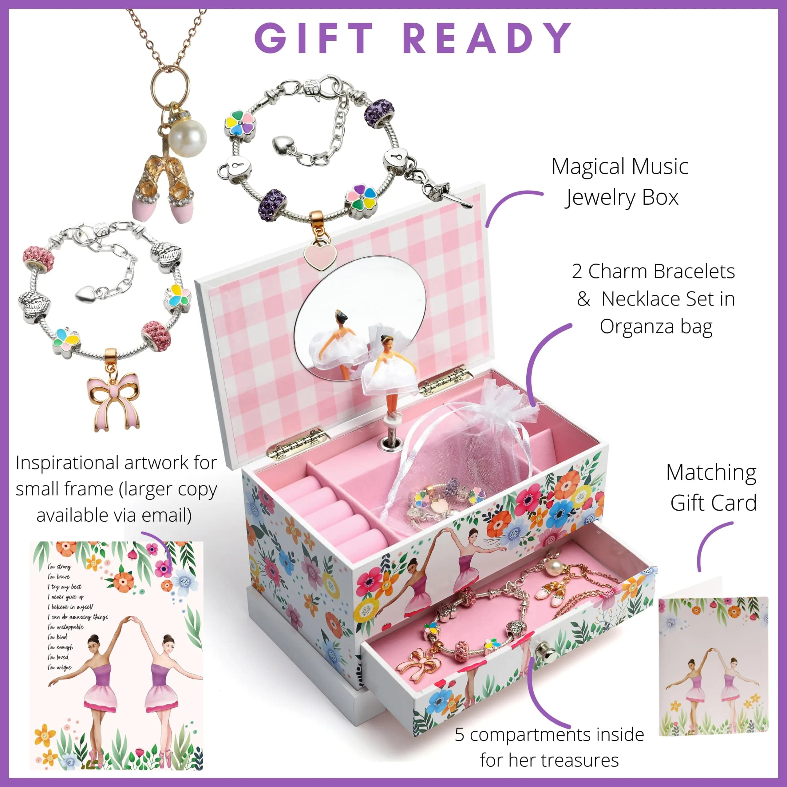 ABI + OLIE Ballerina Musical Jewelry Box for Girls, 19cm (7.3in) | Includes Charm Bracelet & Necklace Set - view 3