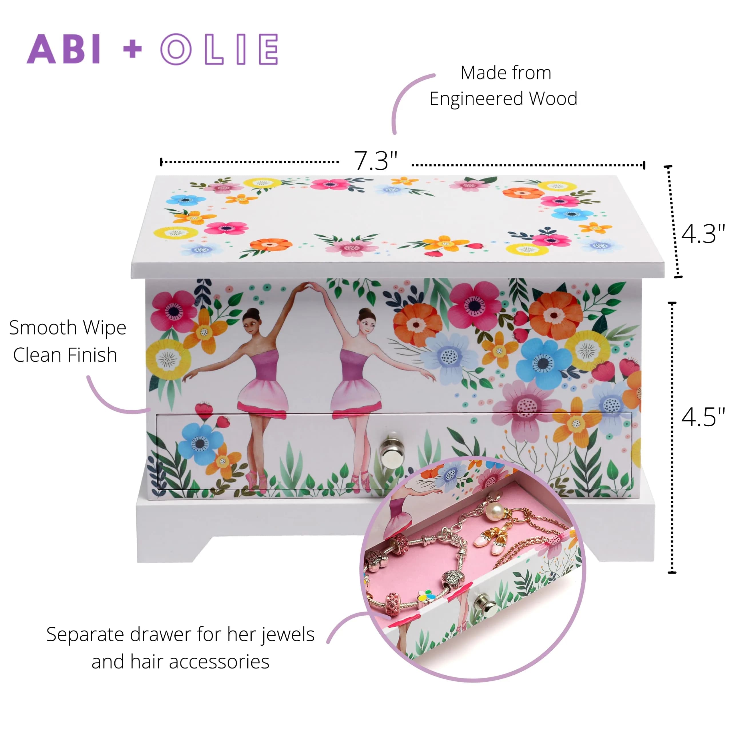 ABI + OLIE Ballerina Musical Jewelry Box for Girls, 19cm (7.3in) | Includes Charm Bracelet & Necklace Set - view 4