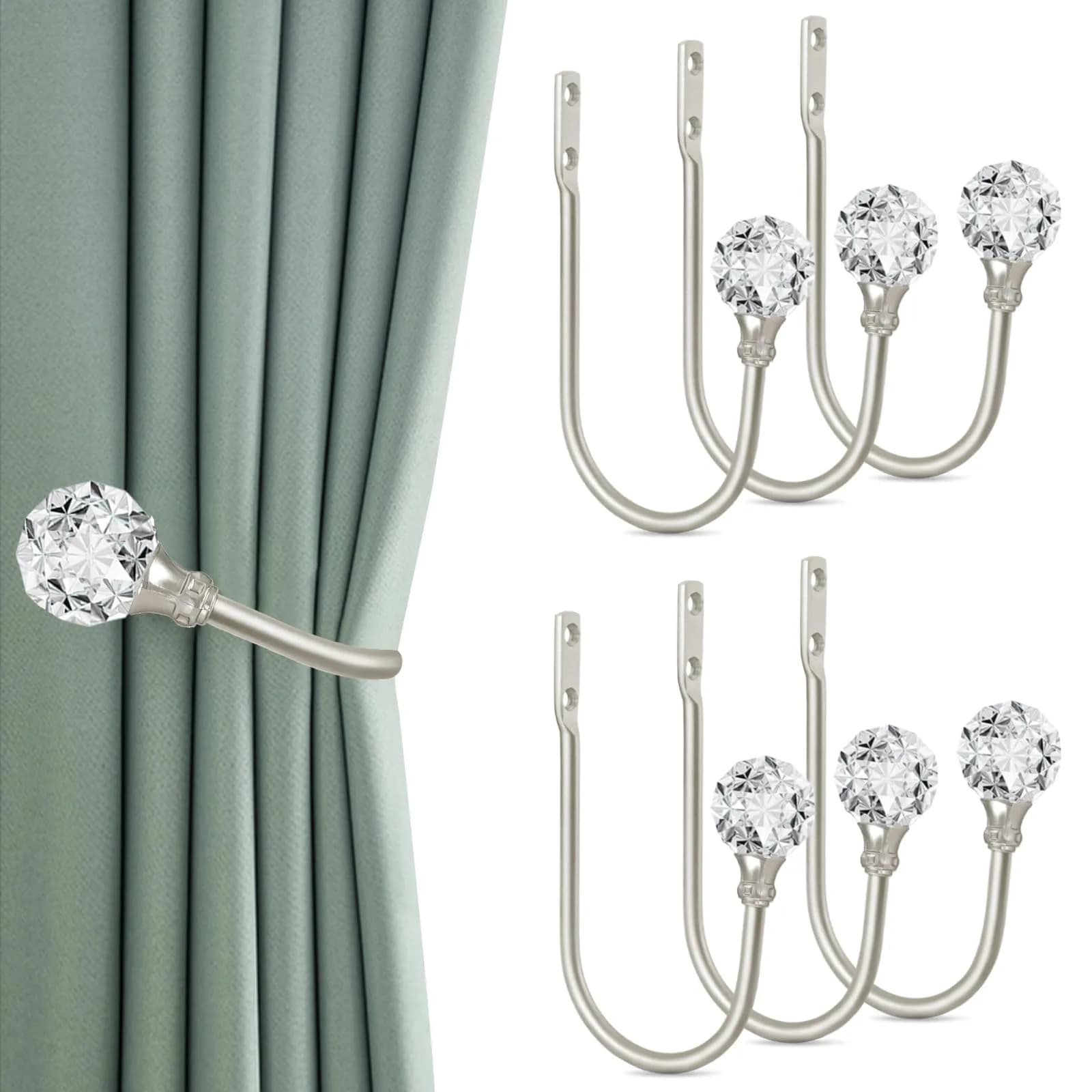 KOLAKO Silver Crystal Ball Curtain Holdbacks, U Shaped Wall Mounted Drapery Hooks - 6 Pack - main product image