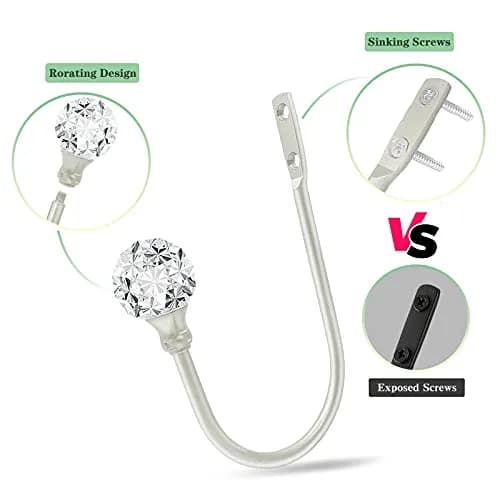 KOLAKO Crystal Curtain Holdbacks, 6 Pack Silver Metal Drapery Tiebacks with Clear Crystal Ball | U-Shaped Wall Mounted Hooks for Drapes thumbnail 5
