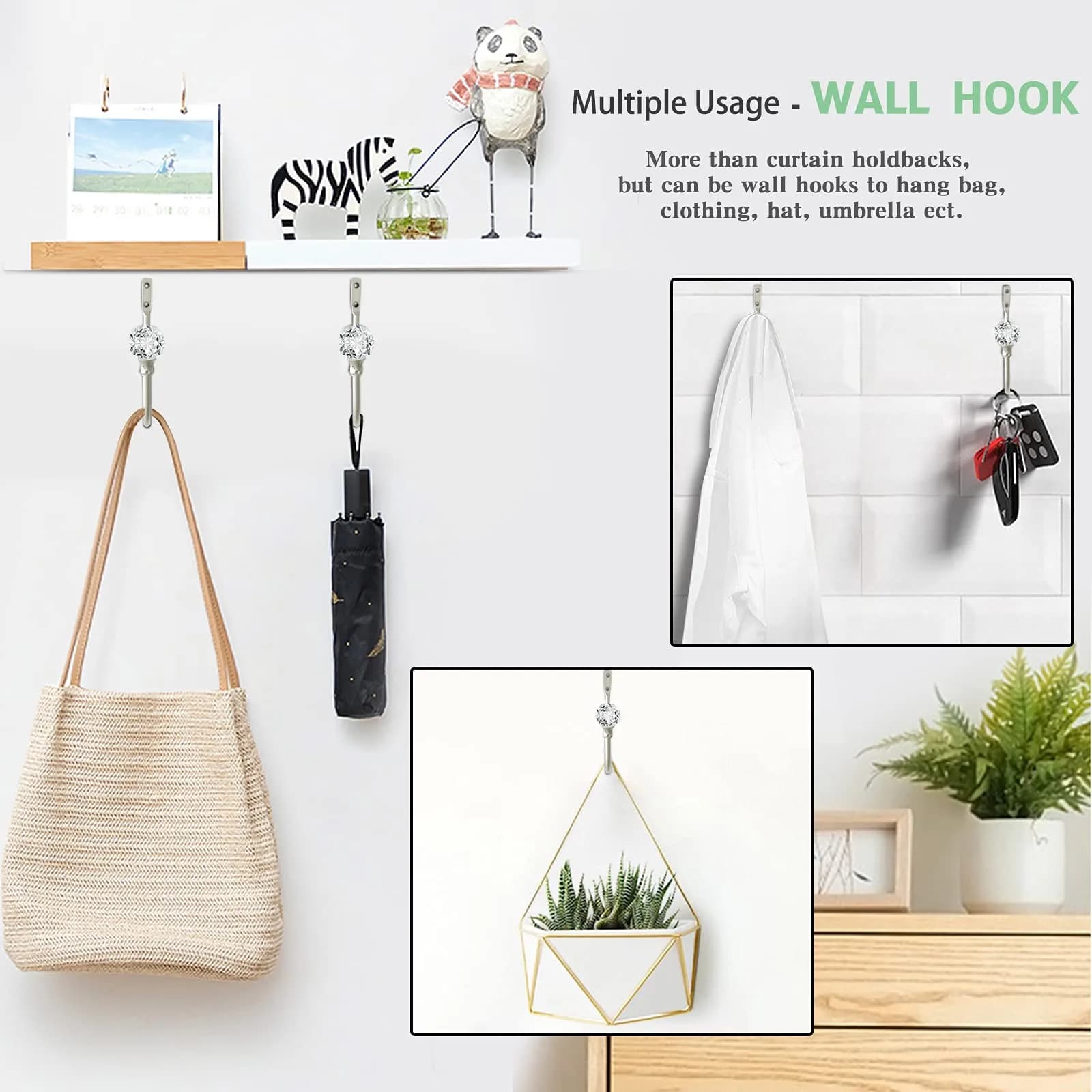 KOLAKO Crystal Curtain Holdbacks, 6 Pack Silver Metal Drapery Tiebacks with Clear Crystal Ball | U-Shaped Wall Mounted Hooks for Drapes - view 7
