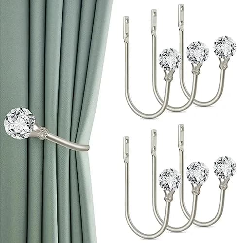 KOLAKO Crystal Curtain Holdbacks, 6 Pack Silver Metal Drapery Tiebacks with Clear Crystal Ball | U-Shaped Wall Mounted Hooks for Drapes thumbnail 1