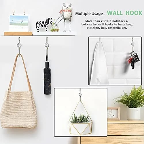 KOLAKO Crystal Curtain Holdbacks, 6 Pack Silver Metal Drapery Tiebacks with Clear Crystal Ball | U-Shaped Wall Mounted Hooks for Drapes thumbnail 7