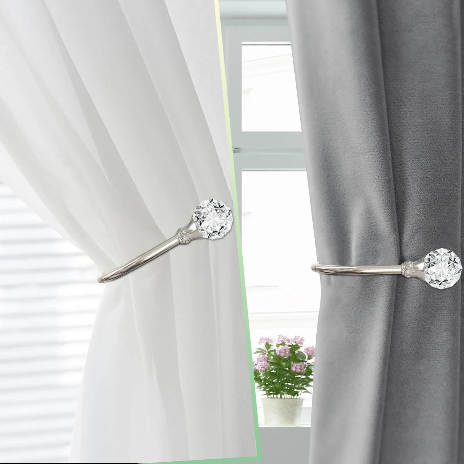KOLAKO Crystal Curtain Holdbacks, 6 Pack Silver Metal Drapery Tiebacks with Clear Crystal Ball | U-Shaped Wall Mounted Hooks for Drapes - view 8