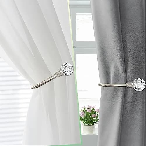 KOLAKO Crystal Curtain Holdbacks, 6 Pack Silver Metal Drapery Tiebacks with Clear Crystal Ball | U-Shaped Wall Mounted Hooks for Drapes thumbnail 8